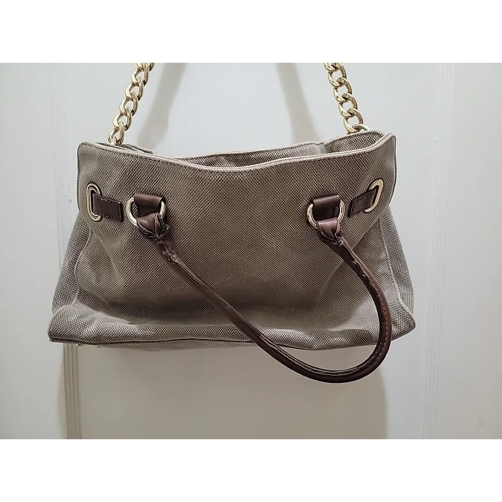 Michael Kors Hamilton Tan Leather Trim Canvas Shoulder Hand Bag Gold Chain
